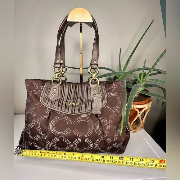 COACH Ashley H1282-F20056 Bronze Brown Dotted Op Art Gathered Satchel Tote Bag - Picture 13 of 13